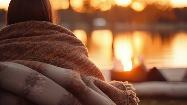 Closeup of a cozy blanket dd over someones shoulders, keeping them warm as they sit by the bonfire and watch the moonlit lake.