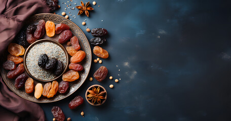Ramadan kareem holiday concept with dried dates, fruits and decorations on bright background. Top view, flat lay