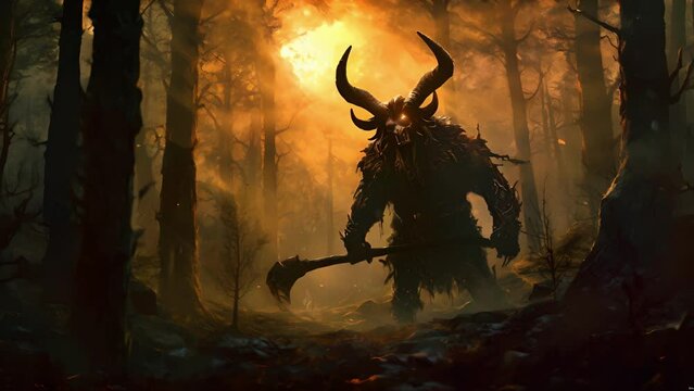 A minotaur lumbers through a dark and ominous forest giant horns visible against the Fantasy art concept.
