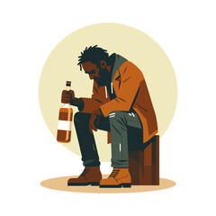 Drunk black homeless man holding a bottle of liquor flat design vector illustration.