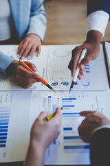 Meeting to present the Finance Executive business team. Discuss meetings to plan work, investment projects, analysis strategies, and discuss financial graphs and company budgets in the office. - obrazy, fototapety, plakaty