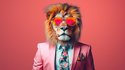 lion wearing suit and sunglasses  - obrazy, fototapety, plakaty