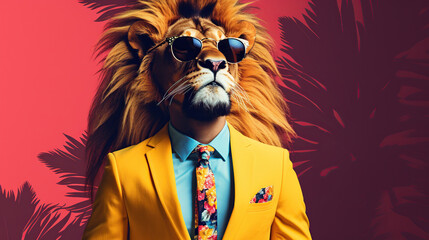 lion  wearing suit and sunglasses  - obrazy, fototapety, plakaty