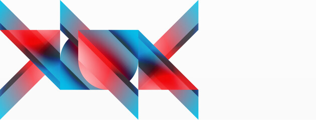 Obraz premium Vibrant color triangles and circles on white background intertwine to create captivating and harmoniously balanced composition for digital designs, presentations, website banners, social media posts