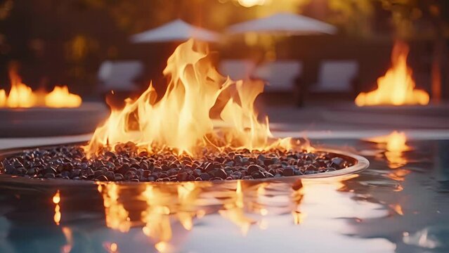 Closeup of the dancing flames of a modern fire pit, reflecting off the still surface of the adjacent pool.