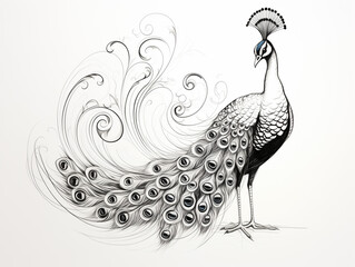 A Pen Sketch Character Study Drawing of a Peacock