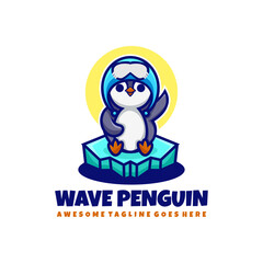 Vector Logo Illustration Wave Penguin Mascot Cartoon Style.