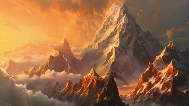 An immense mountain range reaching as far as the eye can see its jagged peaks blanketed Fantasy art concept.