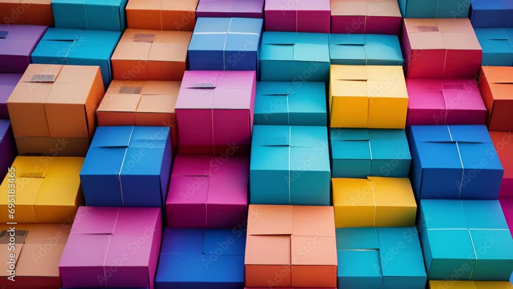 Poster an organized stacks of colorful shipping boxes each with a unique tracking number and ready for deli