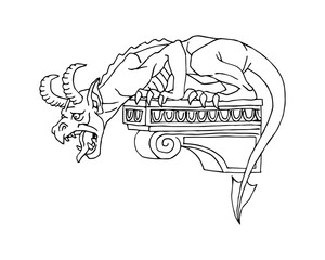 Gargoyle on the ledge of the building. A fantasy monster. Vector illustration with black contour lines, isolated on a white background in a cartoon style.