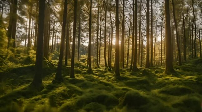 Beautiful forest landscape Generative AI. Virtual video scene animated background