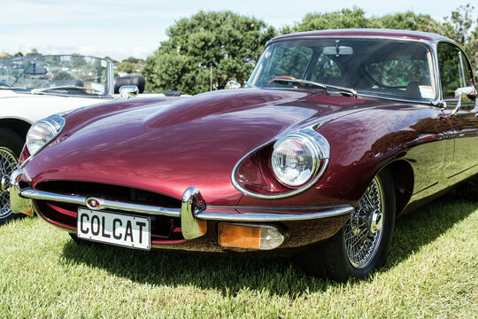 Jaguar E-Type XK-E classic coupe sports car. Auckland, New Zealand - April 11, 2021