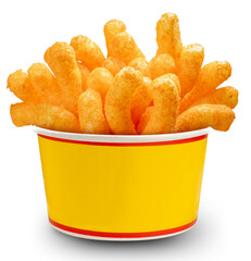 Puffed corn snacks in paper bucket isolated on white background, Puff corn or Corn puffs cheese flavor isolate on white With clipping path.