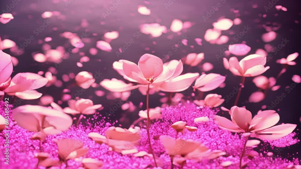 Wall mural abstract minimal animation of delicate flower petals slowly falling and dissolving into particles.