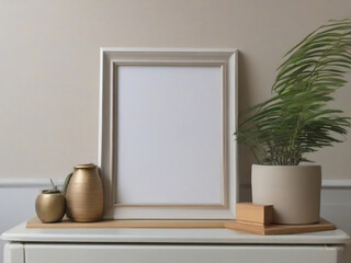 Fototapeta na wymiar Blank-photo-frame-on-table-in-the-room