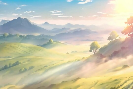 dense fog anime background Generative AI. Virtual video scene animated background