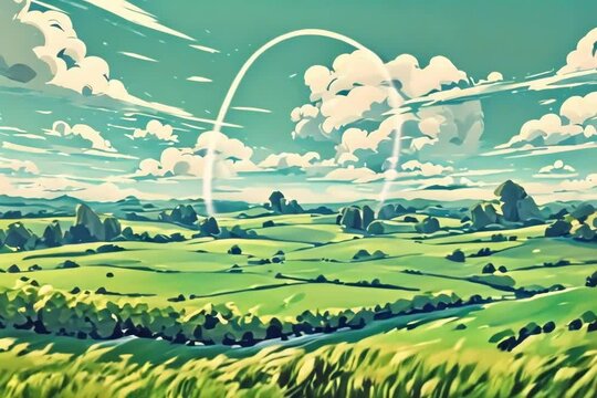 landscape light blue sky green field Generative AI. Virtual video scene animated background