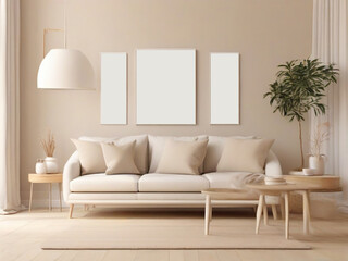 Cozy-interior-poster-mock-up-with-horizontal-white-frames,-beige-sofa-on-wooden-floor,-wooden-side-table-and-table-lamp-in-living-room-with-white-wall.-3d-illustrations.