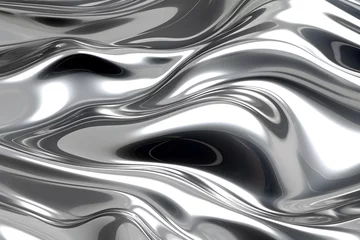 Fotobehang glossy silver metal fluid glossy chrome mirror water effect background backdrop texture 3d render © sam