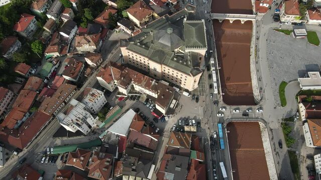 National library of Sarajevo, aerial drone view of the historical old town hall, rich city of Bosnia where cultural heritages coexist