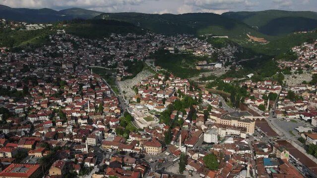 Drone view of the historical library building built in the name of Gazi Husrev bey, cultural buildings in the streets of the city made by Ottoman architects in Sarajevo City