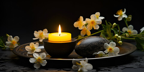 Obraz na płótnie Canvas Bouquet of white magnolia flowers with burning candle on black background AI Generated ,Close-up of a spa still life concept with a candle, generated by AI,Spa still life with yellow flower, candles 