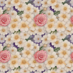 Seamless pattern, red roses on white flowers.