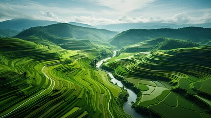 An aerial view of a vast and lush rice field
