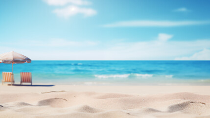 Fototapeta na wymiar White sand beach, blue ocean, umbrella and lounge chairs. Tropical summer background