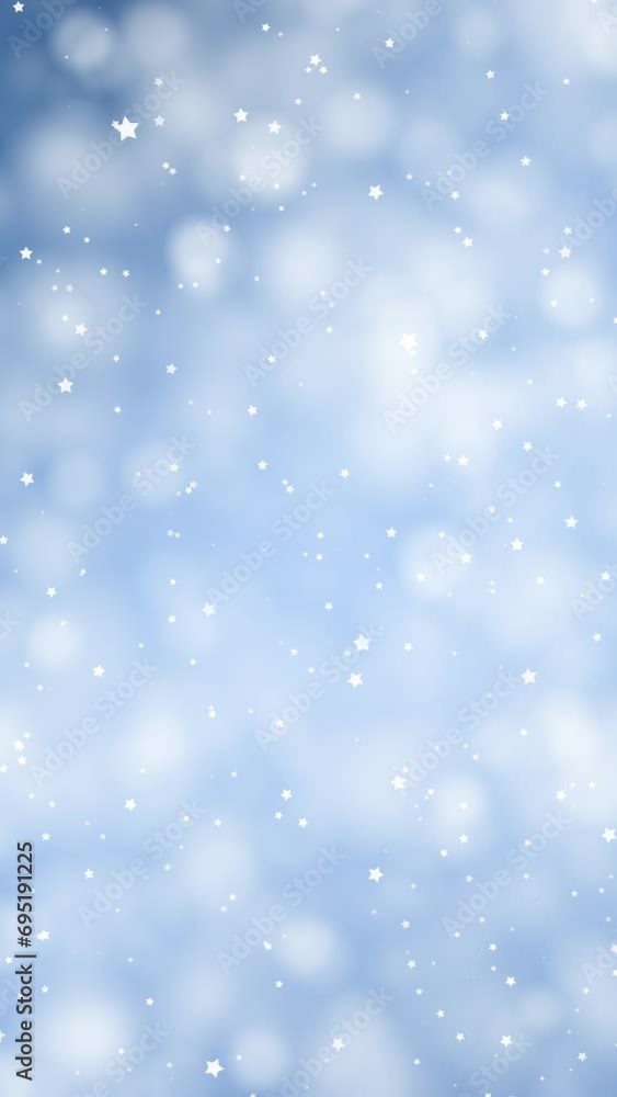 Poster blurred blue white winter circle bokeh with star shapes loop motion.