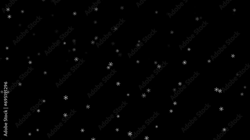 Poster falling illustrated snowflakes on black background loop animation.
