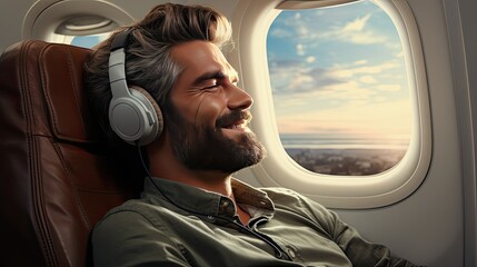 A man flies on an airplane and listens to music on headphones during an air flight, resting next to the airplane window