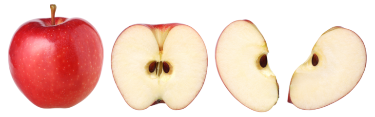Red apple ( Gala Apple) slice and half isolated, fresh red apple, transparent PNG, PNG format, cut out