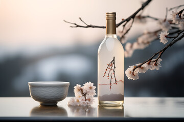 Clear Sake bottle with sake cup with branches of flowers in the background - obrazy, fototapety, plakaty