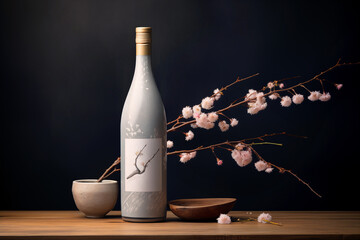 Blue Sake bottle with cup and sakura branches