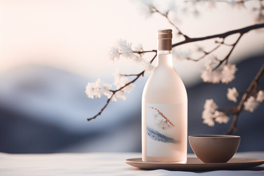 Pink sake bottle with sakura flowers at the back and mountains.