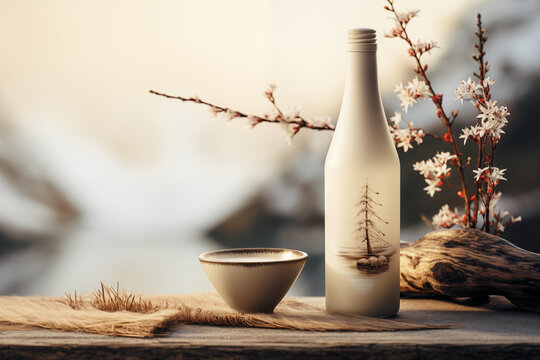 Sake Bottle with ceramic cup with natural background