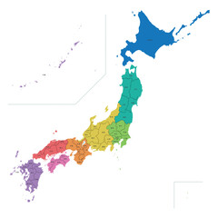 地方別に色分けした日本地図