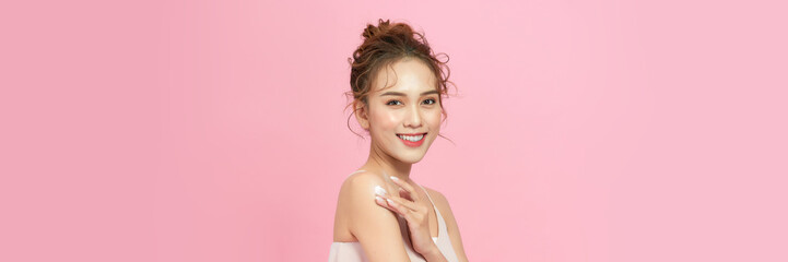 beauty woman asia and have white skin charm and pink background