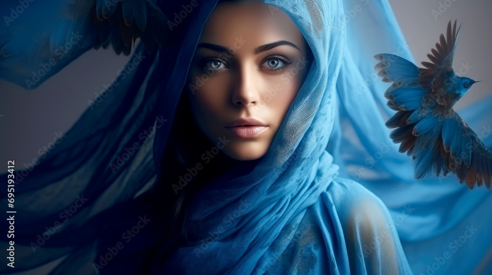 Poster Double exposure of fashion Arabian woman in traditional Muslim clothing with blue eyes. Beautiful portrait