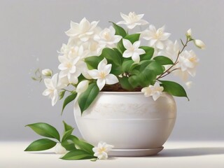 beautiful jasmine flower with pot, sunlight, jasmine detail, realistic jasmine