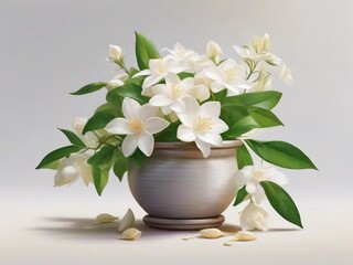 beautiful jasmine flower with pot, sunlight, jasmine detail, realistic jasmine