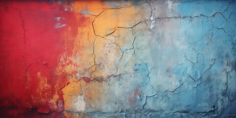 Old concrete wall, painted with a combination of bright saturated colors, contrasting with its rough and uneven surface plaster of light and shadows with a defocused effect