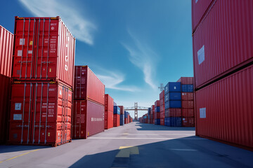 Fototapeta premium A cargo plane soaring above a bustling container yard, capturing the essence of international cargo shipping and seamless freight transportation. Generative AI.