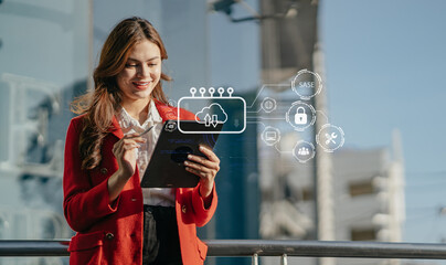 Hand touching Secure Access Service Edge icon on smartphone virtual screen background, password,...