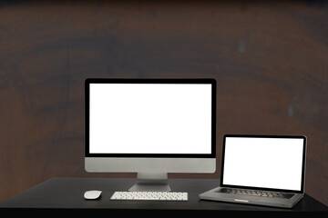 Workspace with computer, keyboard, coffee cup and Mouse with Blank or White Screen Isolated is on the work table.