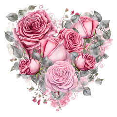 Watercolor clipart heart shape bouquet flower on transparent background. sublimation, tshirt, mug, pillow, tumbler, print