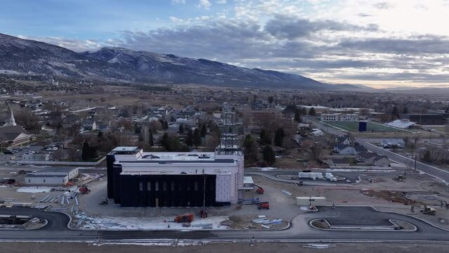 EPHRAIM, UTAH - 10 DEC 2023: Aerial LDS Temple construction Ephraim Utah side. Aerial Ephraim Utah Temple of The Church of Jesus Christ of Latter-day Saints, LDS or Mormon religion. Christian. 