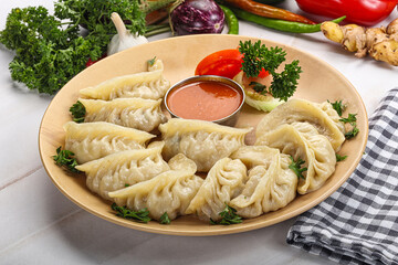 Tibetian dumplings Momo with chicken, meat or vegetables
