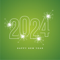 Happy New Year 2024 line neon light white shining typography with sparkle firework on lucky green isolated background icon logo - obrazy, fototapety, plakaty